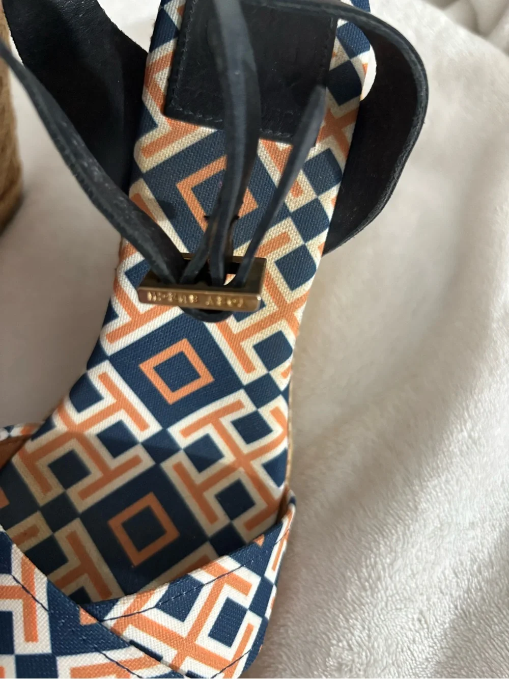 Tory Burch Navy and Tan Geometric Espadrille Wedge Sandals